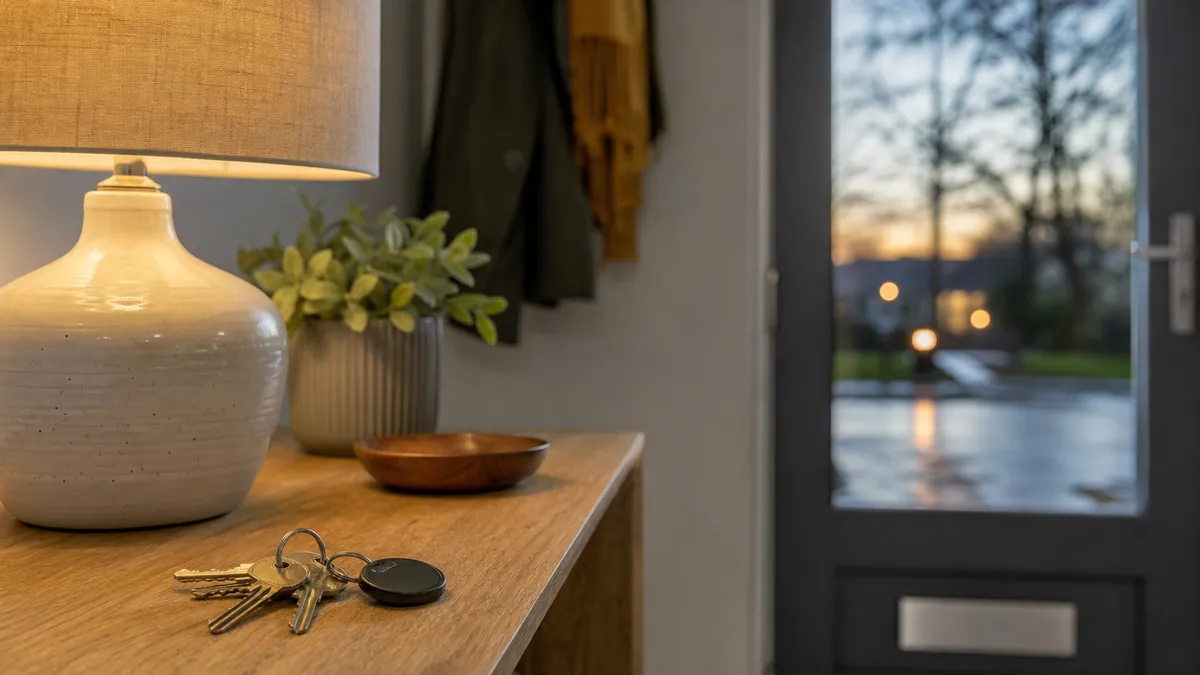A work bag strap with a small black round tag clipped to it beside keys on a hall shelf at dusk