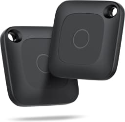 Two black Homing Tag item trackers, front and back