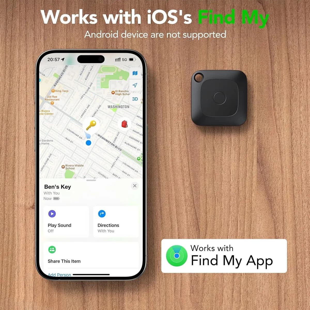 Homing Tag item tracker pinned to a street on the map in the Apple Find My app