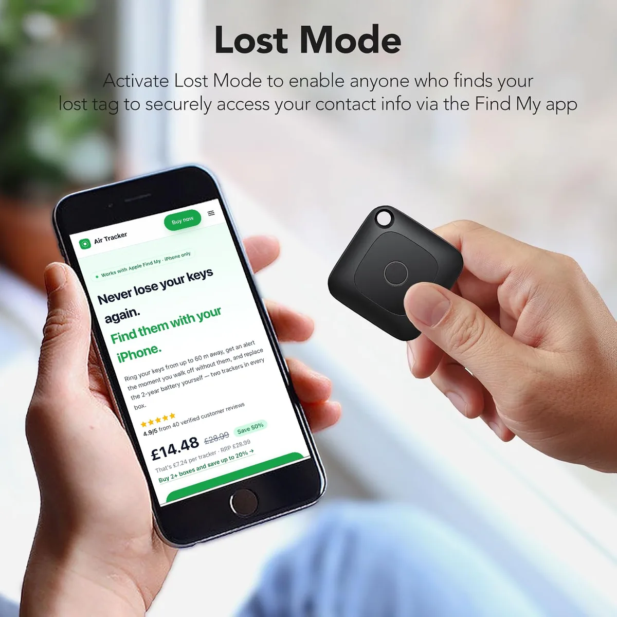 Lost Mode contact card on an iPhone for a misplaced Homing Tag