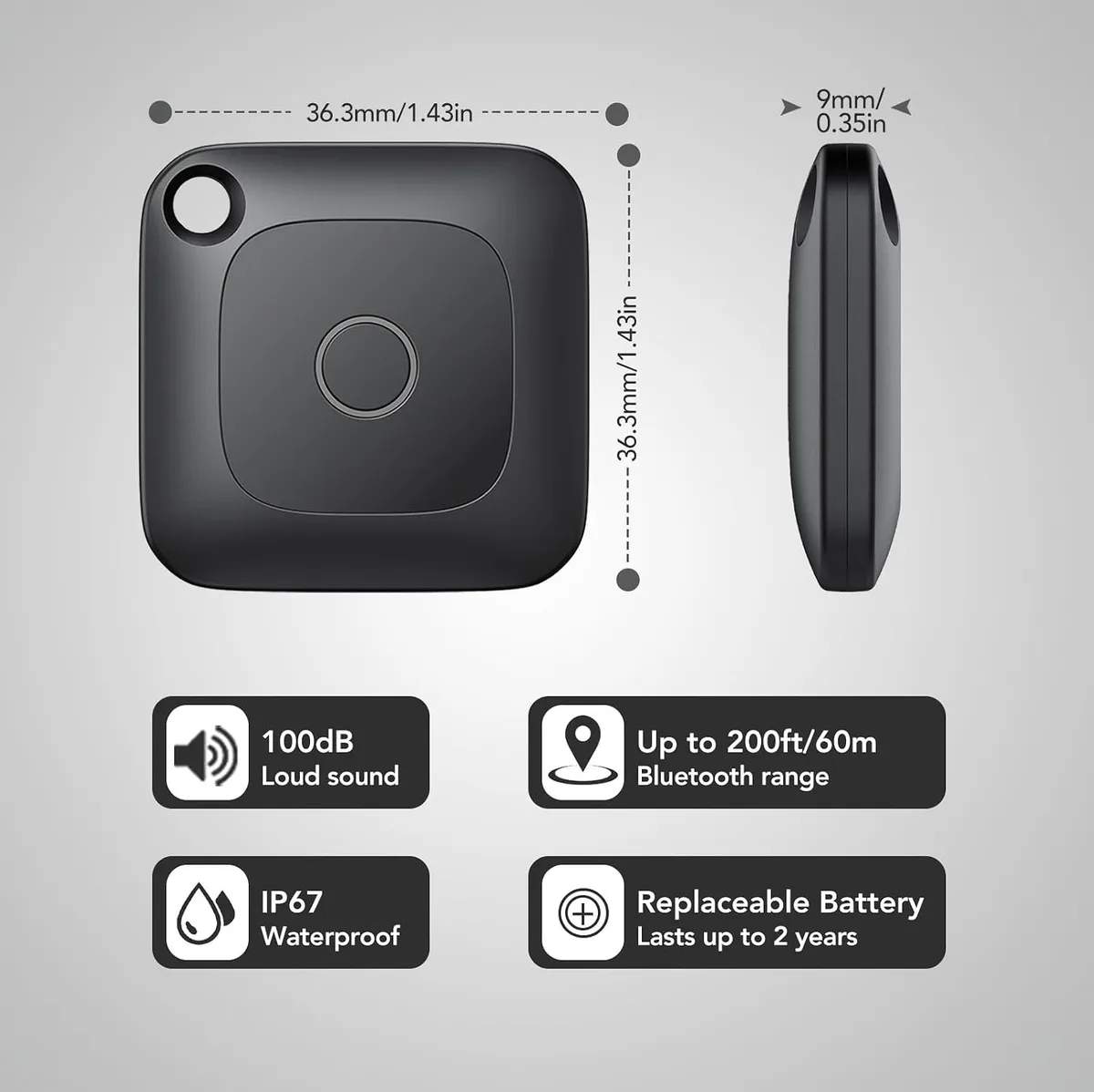 Homing Tag spec card: 36.3 mm square, 9 mm thick, IP67, up to 100 dB, 60 m range